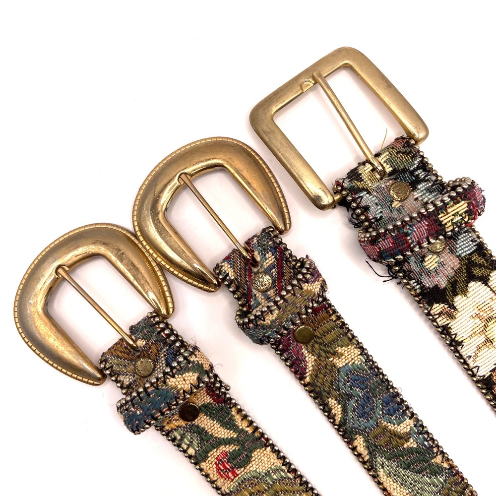 Vintage Leather Tapestry Belts Lot Boho Floral Brass Buckle 3pc